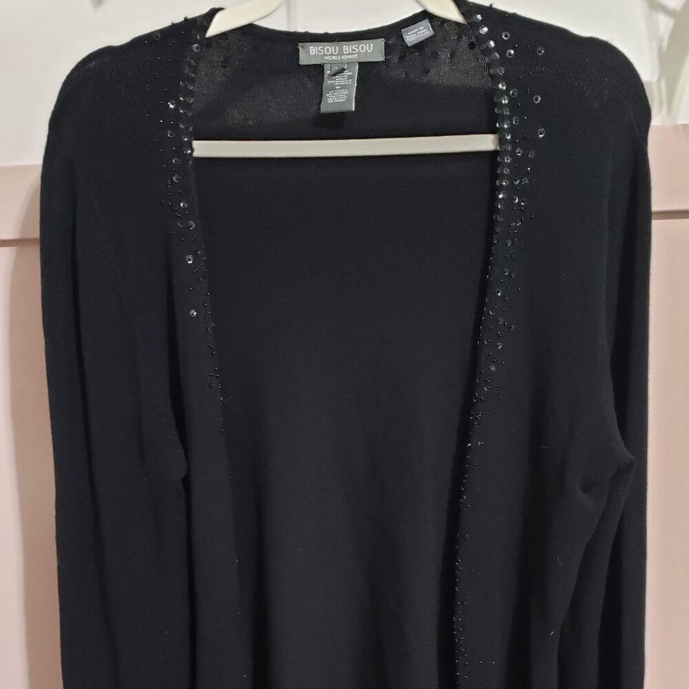 Vintage 90s Bisou Bisou Sequin Open Front Cardigan Black M